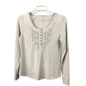 Women's Miss Me Light Gray Heathered Embellished Beaded Henley Blouse. Size L